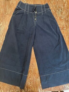 Ulla Johnson Dark Navy Wide-Leg High Waist Jeans with Contrast Stitching